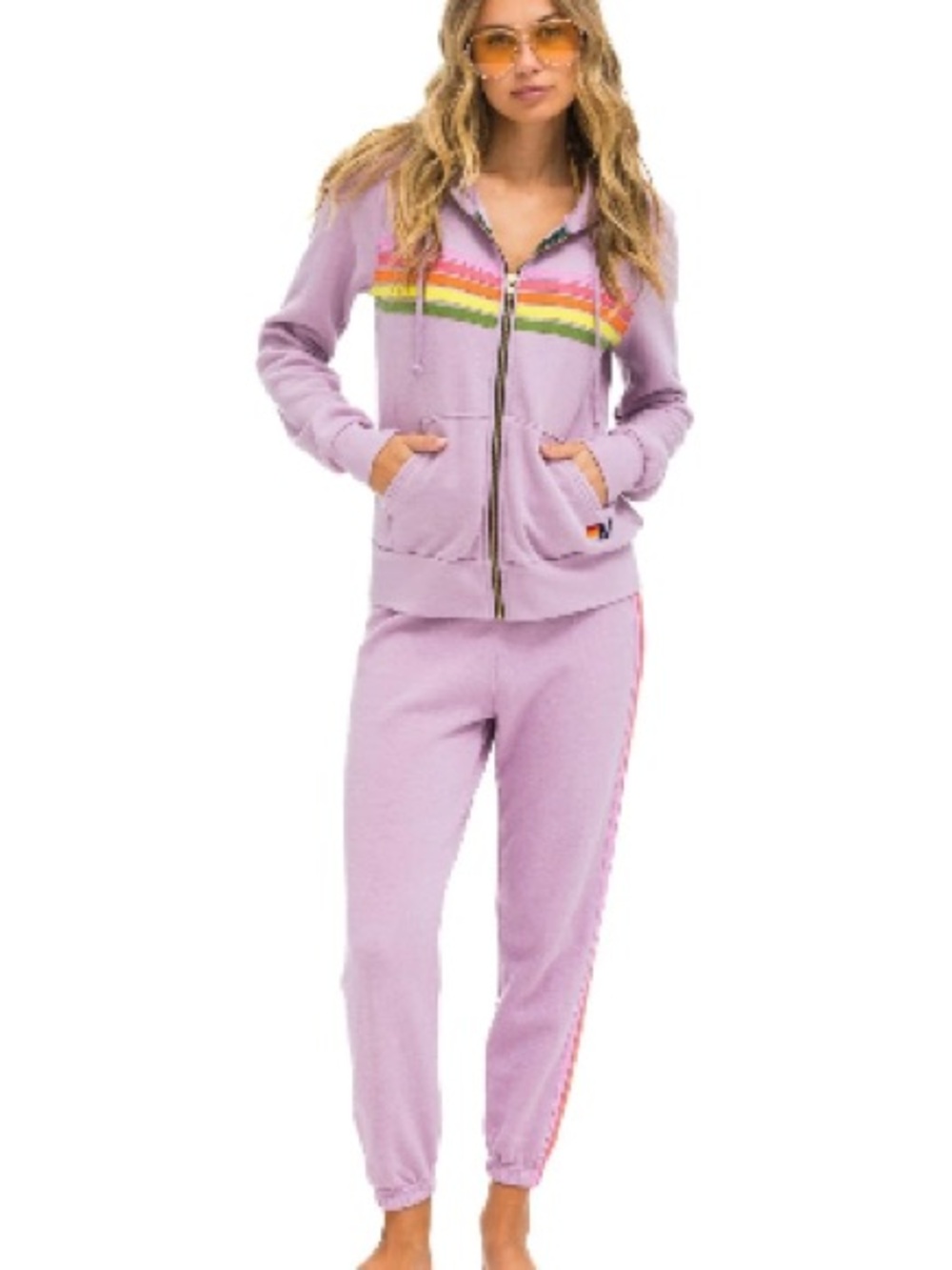 Aviator Nation Mauve Pink Green 5 Stripe Set Zip Up Hoodie Sweatpants Shorts XS - Picture 15 of 15
